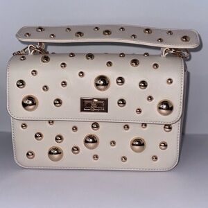 Studded Cream Shoulder Bag with Gold Accents